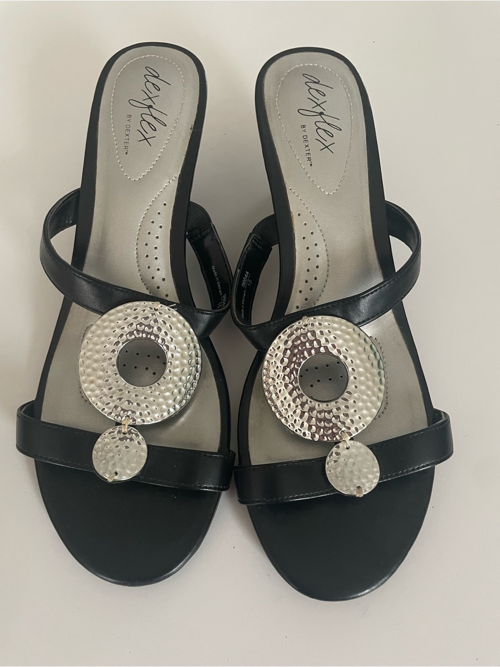 dexflex comfort Black Slide Sandals with Hammered Silver Medallions
